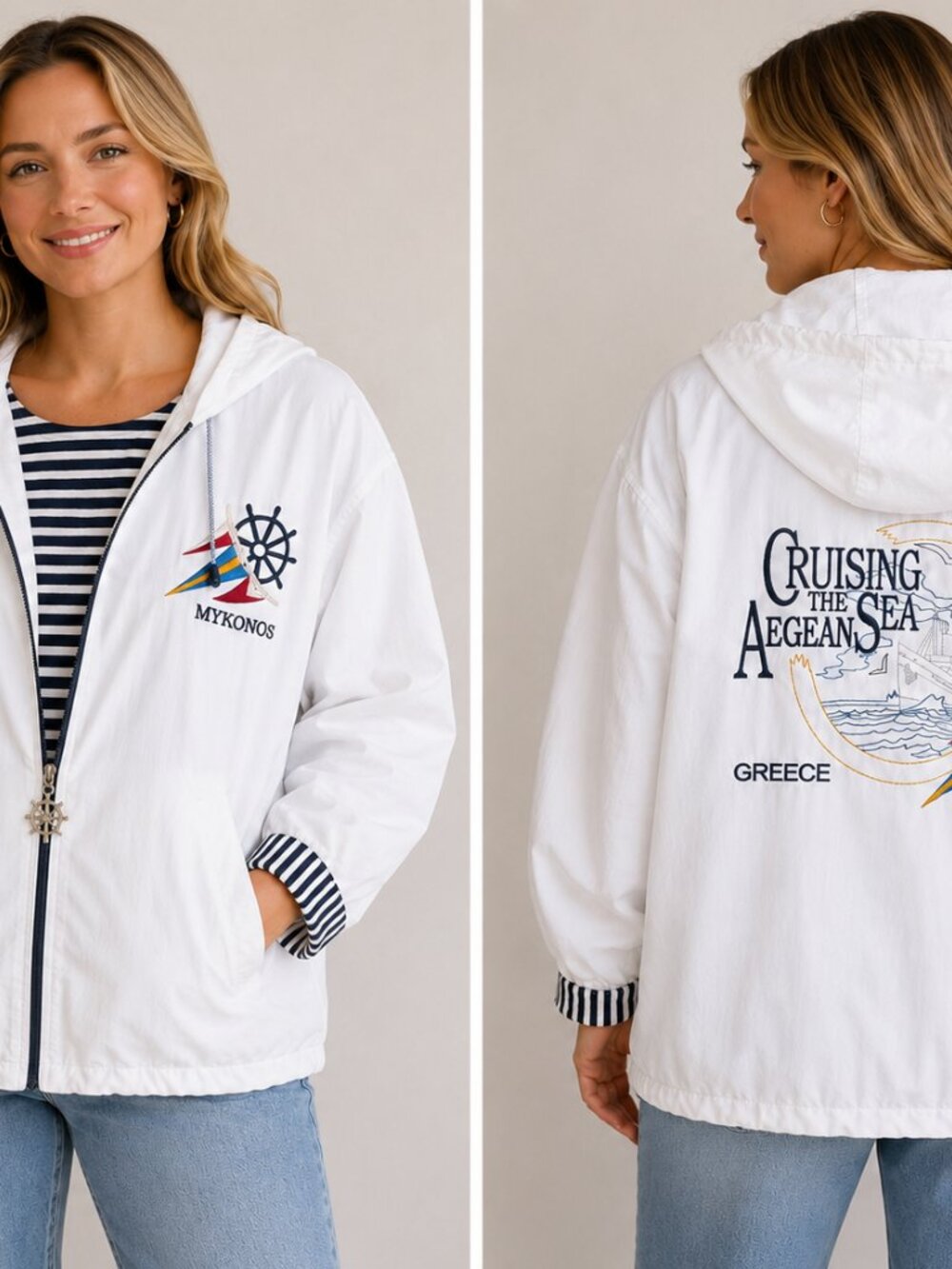 Vintage Mykonos Greece Nautical Windbreaker Jacket White Hooded Sailing Coastal